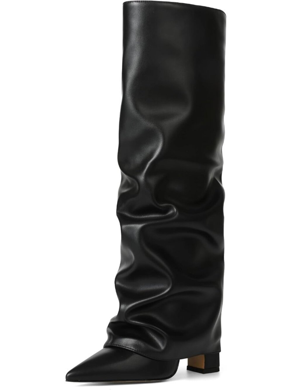 👢Women's Black Pu Slouchy Knee High Boots Pointed Toe Fold Over Shark Boots